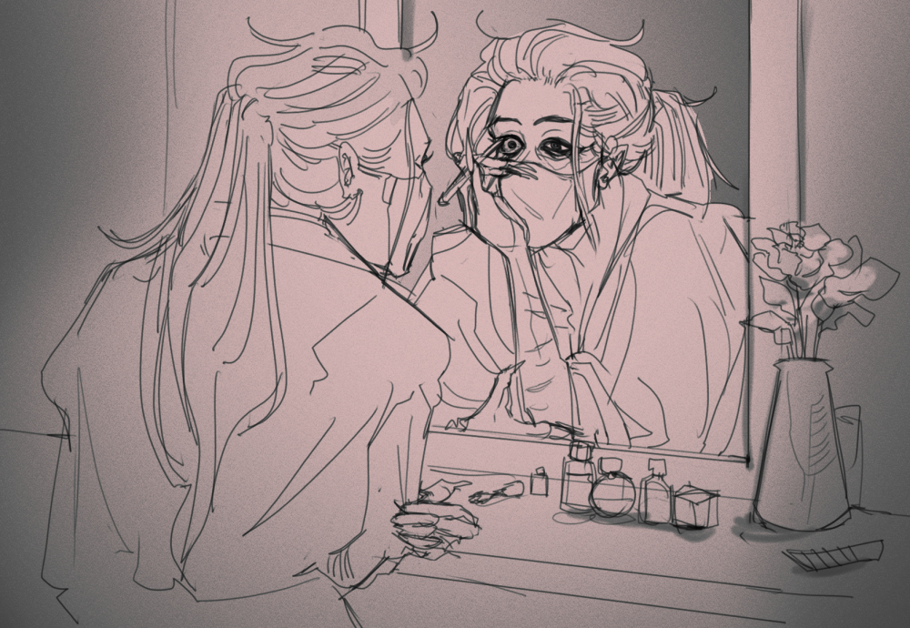 A colored sketch of the Director putting on makeup in the mirror, a slightly crazed expression in their eyes.